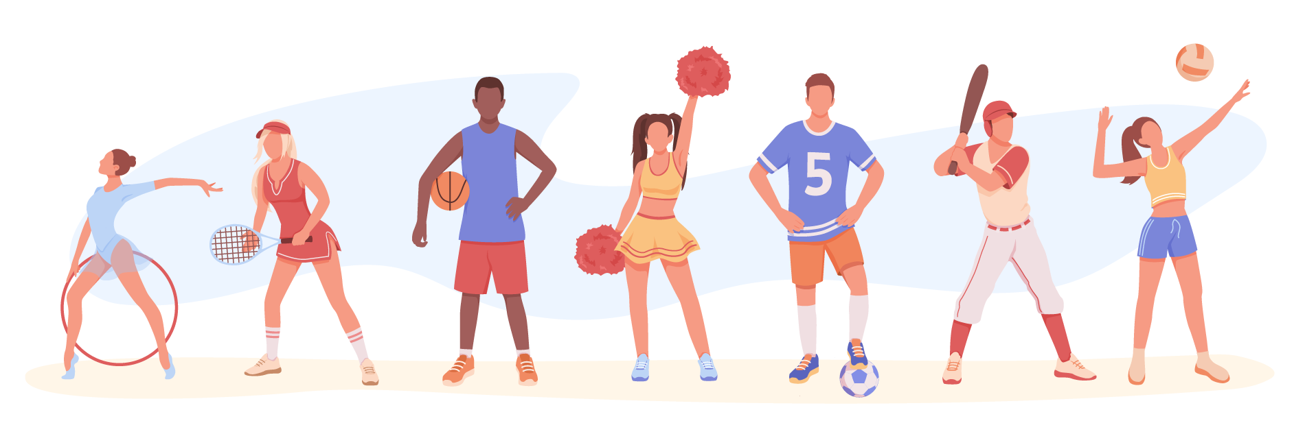 Hypnose im Sport – Illustration verschiedener Sportlerinnen und Sportler aus Tennis, Basketball, Cheerleading, Fußball und Baseball