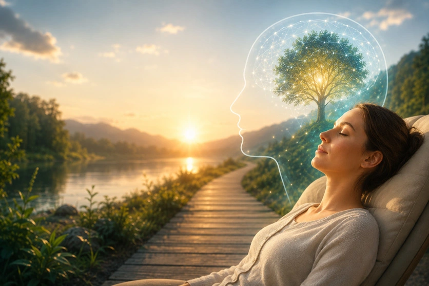 Hypnose Weiden – Entspannte Frau in hypnotischer Trance bei einer professionellen Hypnosesitzung zur Förderung von mentaler Stärke, innerer Ruhe und positiver Veränderung.
