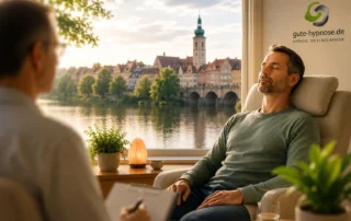 Hypnose Weiden – Entspannter Klient während einer professionellen Hypnosesitzung in der Praxis von Werner Reindl mit Blick auf die Altstadt von Weiden.