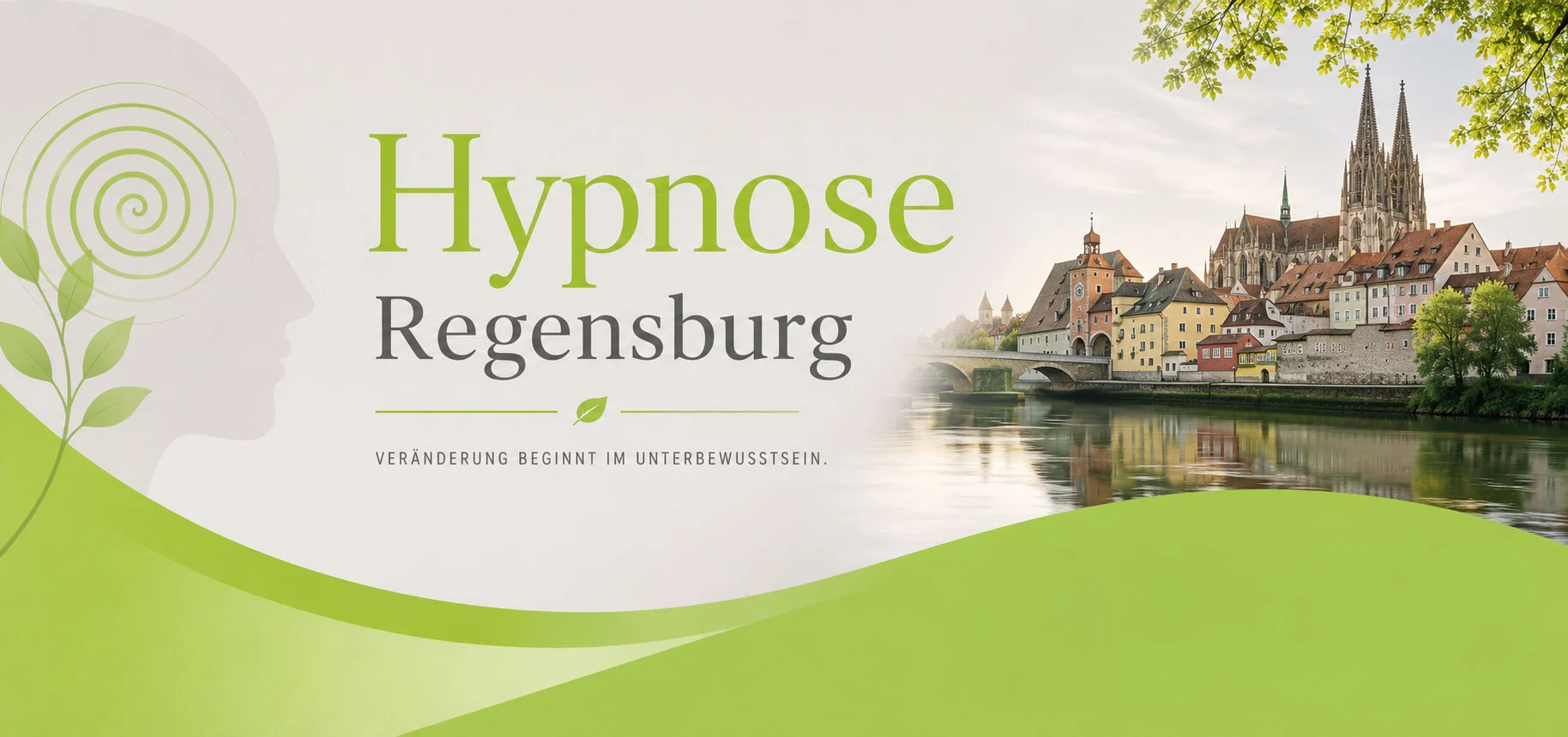 Hypnose Regensburg – modernes Banner mit Blick auf die Regensburger Altstadt in beruhigenden Grün- und Grautönen